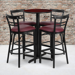English Elm Commercial Grade 24'' Round Mahogany Laminate Table Set with X-Base and 4 Two-Slat Ladder Back Metal Barstools - Vinyl Seat