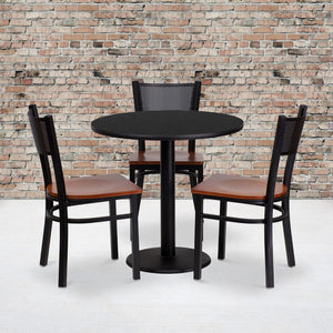 English Elm Commercial Grade 30'' Round Laminate Table Set with 3 Grid Back Metal Chairs - Cherry Wood Seat