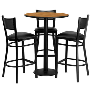 English Elm Commercial Grade 30'' Round Natural Laminate Table Set with 3 Grid Back Metal Barstools - Vinyl Seat