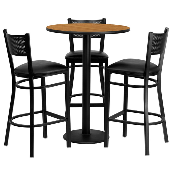 English Elm Commercial Grade 30'' Round Natural Laminate Table Set with 3 Grid Back Metal Barstools - Vinyl Seat