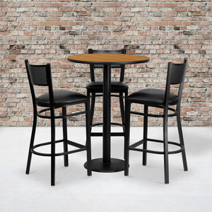 English Elm Commercial Grade 30'' Round Natural Laminate Table Set with 3 Grid Back Metal Barstools - Vinyl Seat