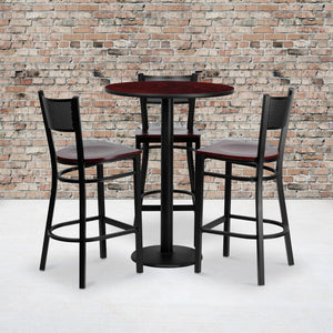 English Elm Commercial Grade 30'' Round Mahogany Laminate Table Set with 3 Grid Back Metal Barstools - Mahogany Wood Seat