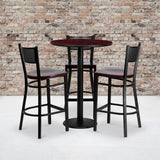 Commercial Grade 30'' Round Mahogany Laminate Table Set with 3 Grid Back Metal Barstools - Mahogany Wood Seat