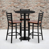 English Elm Commercial Grade 30'' Round Laminate Table Set with 3 Ladder Back Metal Barstools - Cherry Wood Seat