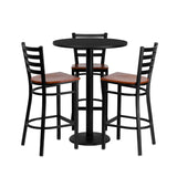 English Elm Commercial Grade 30'' Round Laminate Table Set with 3 Ladder Back Metal Barstools - Cherry Wood Seat