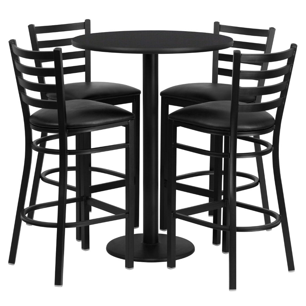 English Elm Commercial Grade 30'' Round Laminate Table Set with Round Base and 4 Ladder Back Metal Barstools - Vinyl Seat