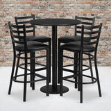 English Elm Commercial Grade 30'' Round Laminate Table Set with Round Base and 4 Ladder Back Metal Barstools - Vinyl Seat