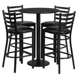 English Elm Commercial Grade 30'' Round Laminate Table Set with Round Base and 4 Ladder Back Metal Barstools - Vinyl Seat