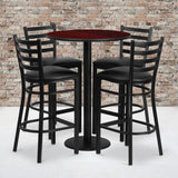 Commercial Grade 30'' Round Mahogany Laminate Table Set with Round Base and 4 Ladder Back Metal Barstools - Vinyl Seat