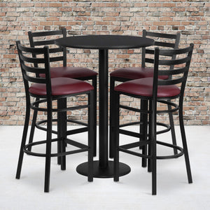 English Elm Commercial Grade 30'' Round Black Laminate Table Set with Round Base and 4 Ladder Back Metal Barstools - Vinyl Seat