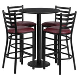 English Elm Commercial Grade 30'' Round Black Laminate Table Set with Round Base and 4 Ladder Back Metal Barstools - Vinyl Seat