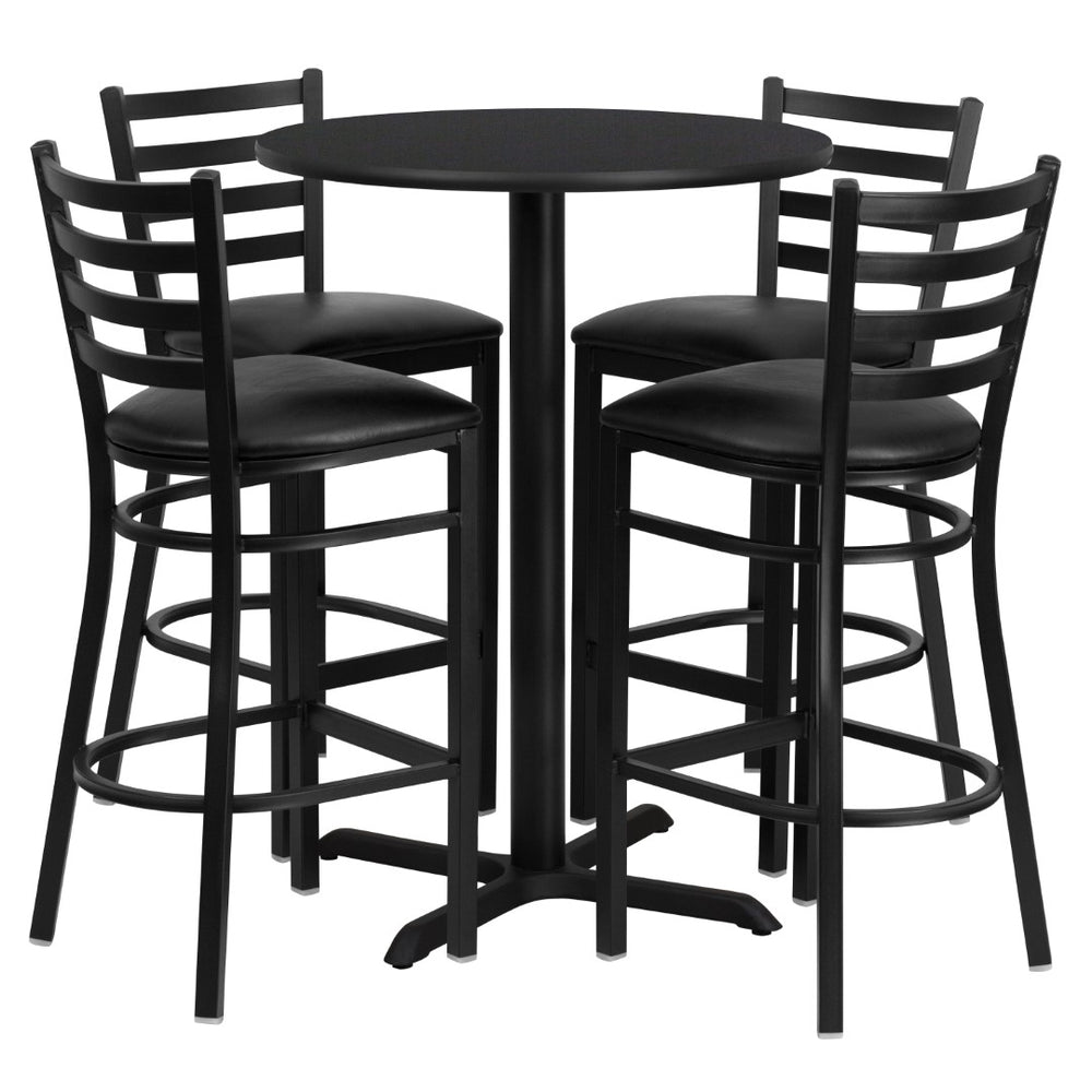 English Elm Commercial Grade 30'' Round Laminate Table Set with X-Base and 4 Ladder Back Metal Barstools - Vinyl Seat