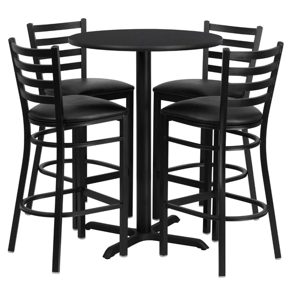 English Elm Commercial Grade 30'' Round Laminate Table Set with X-Base and 4 Ladder Back Metal Barstools - Vinyl Seat