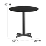 English Elm Commercial Grade 30'' Round Laminate Table Set with X-Base and 4 Ladder Back Metal Barstools - Vinyl Seat