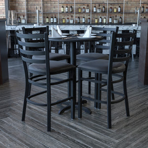 English Elm Commercial Grade 30'' Round Laminate Table Set with X-Base and 4 Ladder Back Metal Barstools - Vinyl Seat