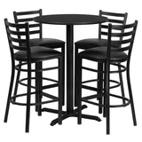 English Elm Commercial Grade 30'' Round Laminate Table Set with X-Base and 4 Ladder Back Metal Barstools - Vinyl Seat