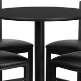 English Elm Commercial Grade 30'' Round Laminate Table Set with X-Base and 4 Ladder Back Metal Barstools - Vinyl Seat