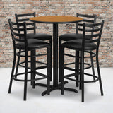 Commercial Grade 30'' Round Natural Laminate Table Set with X-Base and 4 Ladder Back Metal Barstools - Vinyl Seat