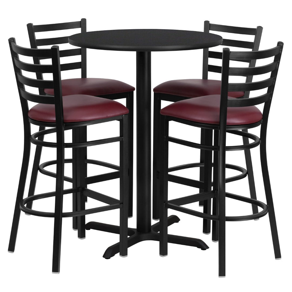 English Elm Commercial Grade 30'' Round Black Laminate Table Set with X-Base and 4 Ladder Back Metal Barstools - Vinyl Seat