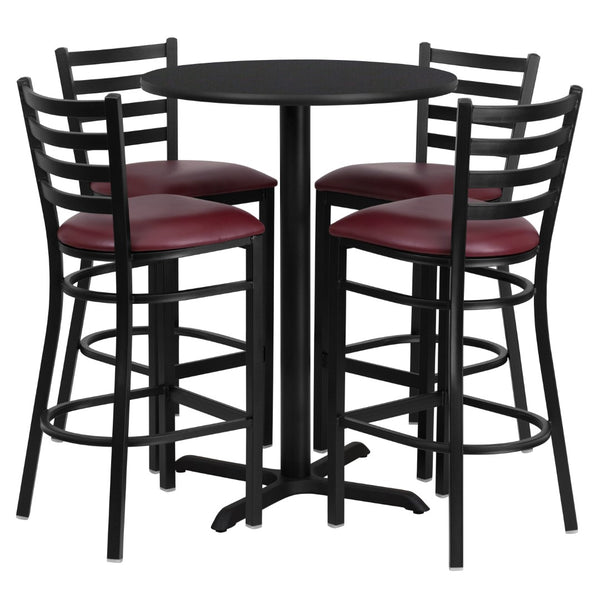 English Elm Commercial Grade 30'' Round Black Laminate Table Set with X-Base and 4 Ladder Back Metal Barstools - Vinyl Seat