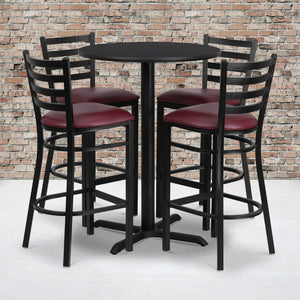 English Elm Commercial Grade 30'' Round Black Laminate Table Set with X-Base and 4 Ladder Back Metal Barstools - Vinyl Seat