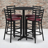 English Elm Commercial Grade 30'' Round Black Laminate Table Set with X-Base and 4 Ladder Back Metal Barstools - Vinyl Seat