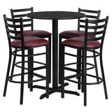 English Elm Commercial Grade 30'' Round Black Laminate Table Set with X-Base and 4 Ladder Back Metal Barstools - Vinyl Seat