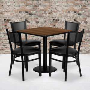 English Elm Commercial Grade 30'' Square Laminate Table Set with 4 Grid Back Metal Chairs - Vinyl Seat