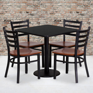 English Elm Commercial Grade 30'' Square Laminate Table Set with 4 Ladder Back Metal Chairs - Cherry Wood Seat