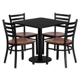 English Elm Commercial Grade 30'' Square Laminate Table Set with 4 Ladder Back Metal Chairs - Cherry Wood Seat