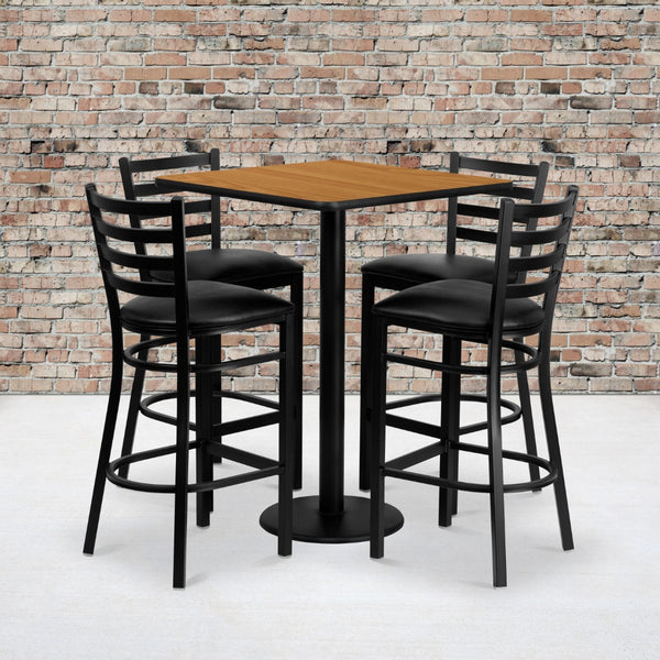 English Elm Commercial Grade 30'' Square Natural Laminate Table Set with 4 Ladder Back Metal Barstools - Vinyl Seat