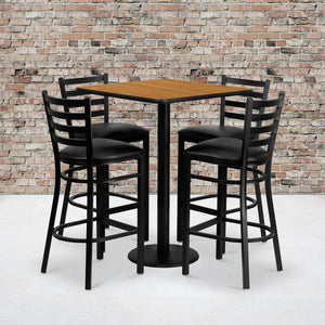 English Elm Commercial Grade 30'' Square Natural Laminate Table Set with 4 Ladder Back Metal Barstools - Vinyl Seat