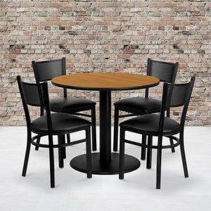 English Elm Commercial Grade 36'' Round Laminate Table Set with 4 Grid Back Metal Chairs - Vinyl Seat