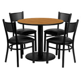 English Elm Commercial Grade 36'' Round Laminate Table Set with 4 Grid Back Metal Chairs - Vinyl Seat