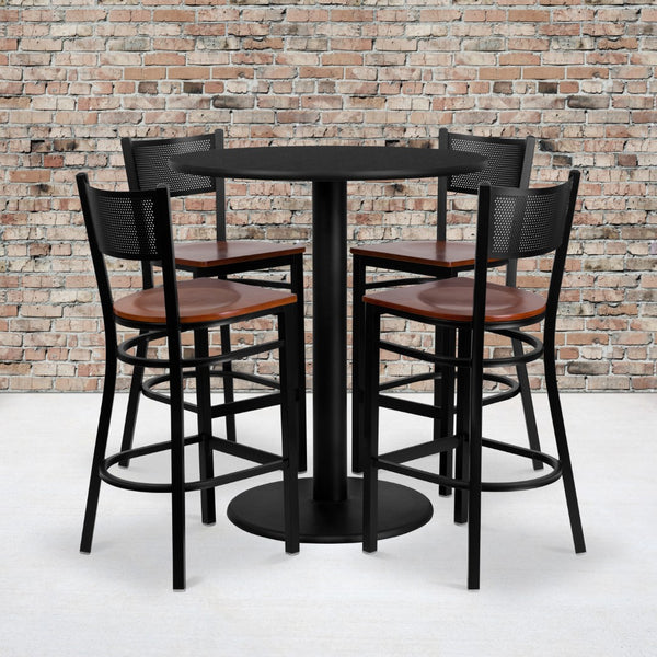 English Elm Commercial Grade 36'' Round Laminate Table Set with 4 Grid Back Metal Barstools - Cherry Wood Seat