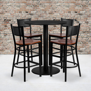 English Elm Commercial Grade 36'' Round Laminate Table Set with 4 Grid Back Metal Barstools - Cherry Wood Seat