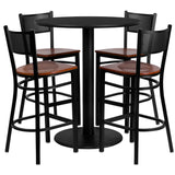 English Elm Commercial Grade 36'' Round Laminate Table Set with 4 Grid Back Metal Barstools - Cherry Wood Seat