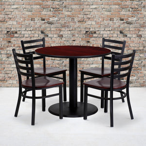 English Elm Commercial Grade 36'' Round Laminate Table Set with 4 Ladder Back Metal Chairs - Wood Seat