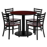 English Elm Commercial Grade 36'' Round Laminate Table Set with 4 Ladder Back Metal Chairs - Wood Seat