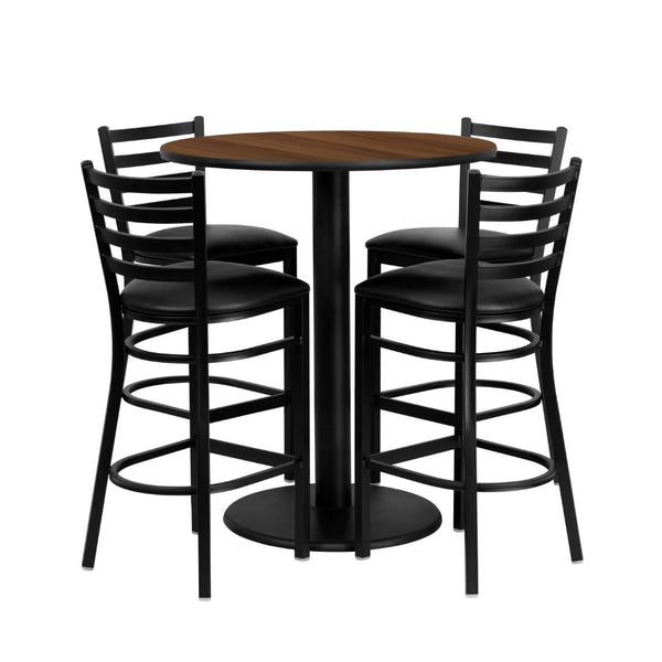 English Elm Commercial Grade 36'' Round Laminate Table Set with 4 Ladder Back Metal Barstools - Vinyl Seat