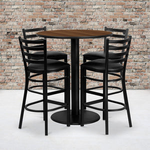 English Elm Commercial Grade 36'' Round Laminate Table Set with 4 Ladder Back Metal Barstools - Vinyl Seat