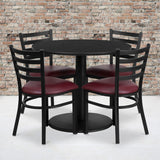 English Elm Commercial Grade 36'' Round Black Laminate Table Set with Round Base and 4 Ladder Back Metal Chairs - Vinyl Seat