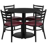 English Elm Commercial Grade 36'' Round Black Laminate Table Set with Round Base and 4 Ladder Back Metal Chairs - Vinyl Seat