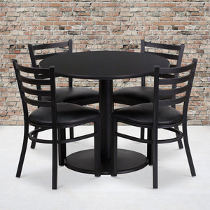 English Elm Commercial Grade 36'' Round Laminate Table Set with Round Base and 4 Ladder Back Metal Chairs - Vinyl Seat