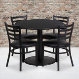 Commercial Grade 36'' Round Laminate Table Set with Round Base and 4 Ladder Back Metal Chairs - Vinyl Seat