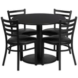 English Elm Commercial Grade 36'' Round Laminate Table Set with Round Base and 4 Ladder Back Metal Chairs - Vinyl Seat