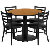 English Elm Commercial Grade 36'' Round Natural Laminate Table Set with Round Base and 4 Ladder Back Metal Chairs - Vinyl Seat