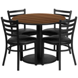 English Elm Commercial Grade 36'' Round Walnut Laminate Table Set with Round Base and 4 Ladder Back Metal Chairs - Vinyl Seat