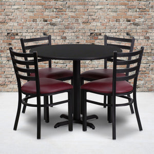 English Elm Commercial Grade 36'' Round Black Laminate Table Set with X-Base and 4 Ladder Back Metal Chairs - Vinyl Seat