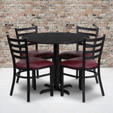 Commercial Grade 36'' Round Black Laminate Table Set with X-Base and 4 Ladder Back Metal Chairs - Vinyl Seat